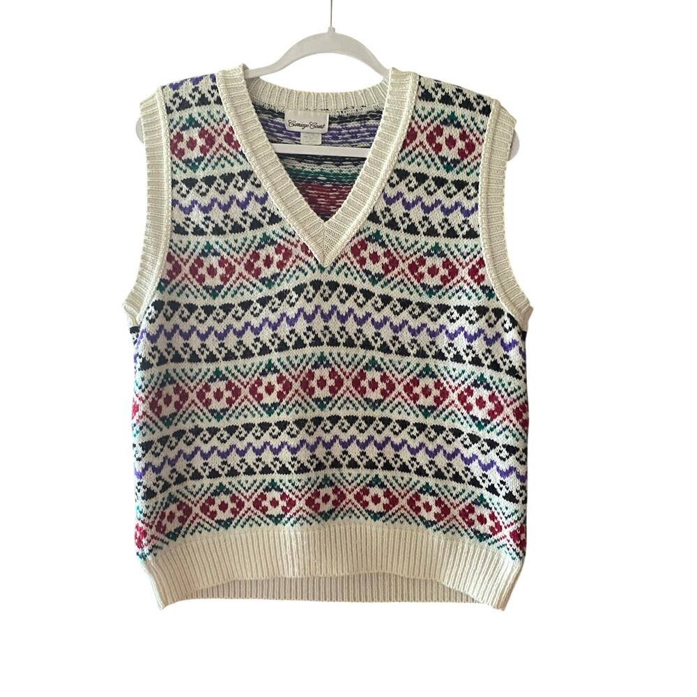 Vintage Knit Sweater Vest Grandma Core Womens Size Large White Patterned